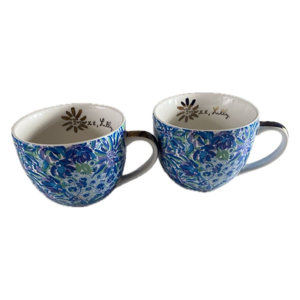 Lily Pulitzer Coffee Cup Lion Blue Gold Handle Floral Royal 12oz Mug Set of 2